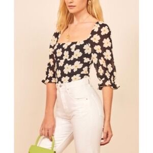 Reformation Georgia Top Daisy Print Square Neck Half Sleeve Blouse Womens Size 6